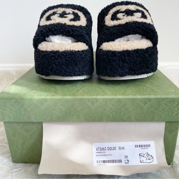 Gucci Elea Shearling GG Interlocking G Platform Slide Wedge Black Butterscotch - Picture 3 of 9